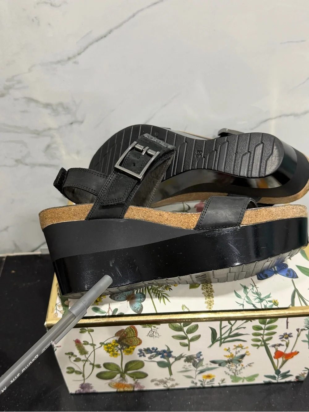 Naot Black Leather Platform Wedge Sandal with Ankle Buckle